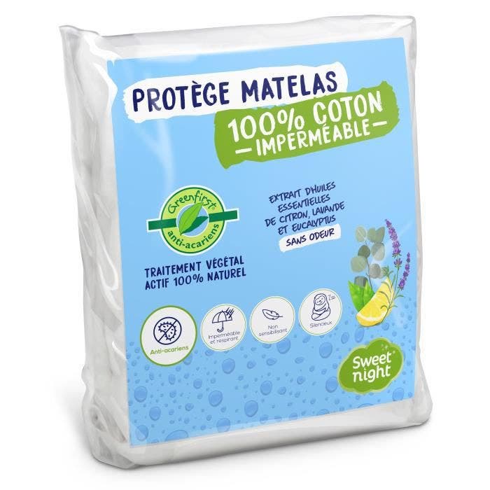 SWEET NIGHT Protège matelas imperméable anti-acariens traitement végétal Greenfirst - 80 x 190/200 cm - Blanc