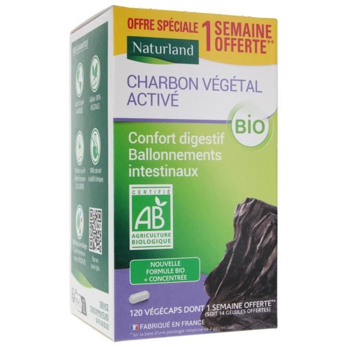 75741 Naturland Charbon Végétal Activé Bio 120 Gélules Dont 1 Semaine Offerte