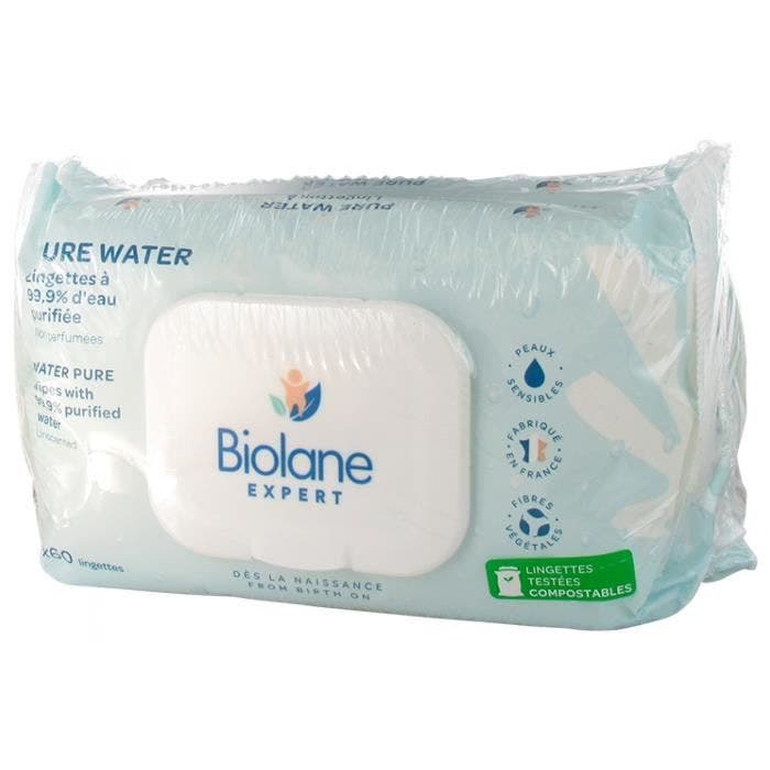 73597 Biolane Lingettes Pure Water Lot de 3 Pack de 60 Lingettes
