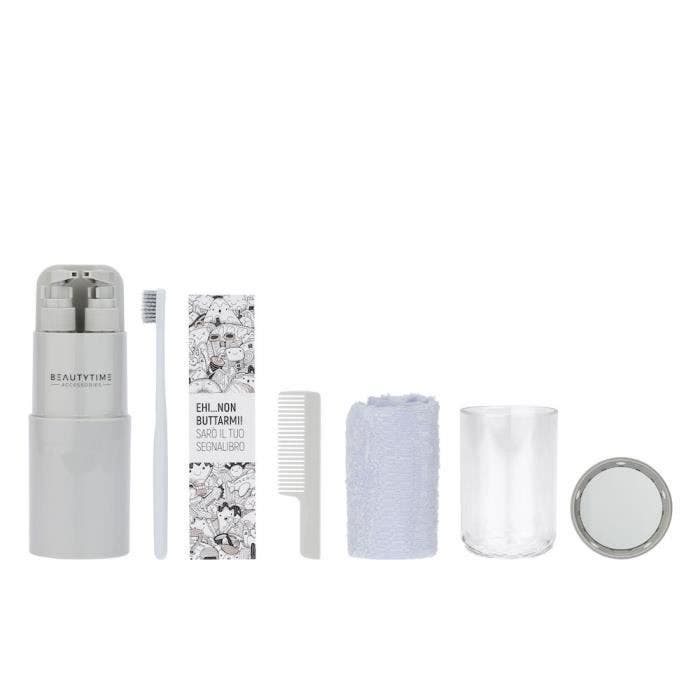 Beautytime, set de voyage gris unisexe avec deux distributeurs, brosse à dents, peigne, verre, miroir et serviette 30x35cm, pratique