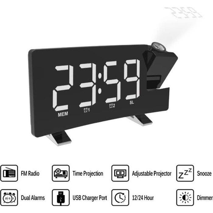 Réveil Horloge numérique reveil matin avec radio avec port de chargeur USB Pour recharger le téléphone Projection temporelle (Blanc)