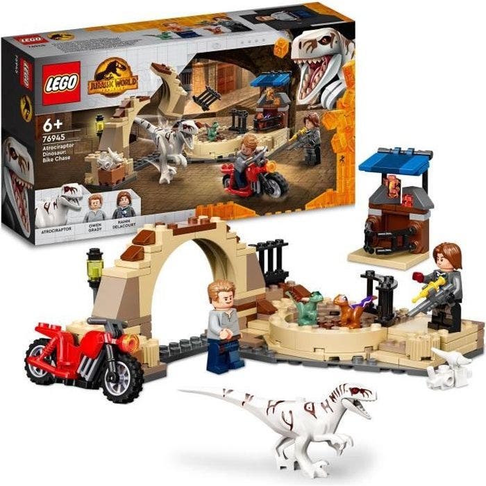 LEGO® 76945 Jurassic World La Poursuite en Moto de l’Atrociraptor, Dinosaures, 2 Bébés Dinos et Minifigurines