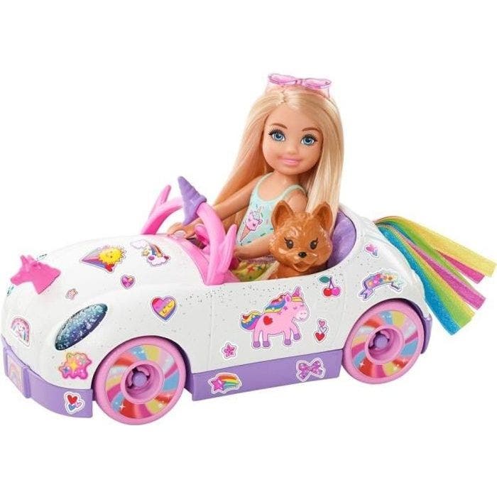 Barbie - Chelsea et sa décapotable licorne et arc-en-ciel, avec autocollants et accessoires - Véhicule Poupée Mannequin - Dès 3 ans