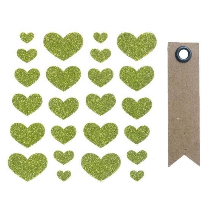 Stickers Coeurs à paillettes vert + 20 étiquettes kraft Fanion